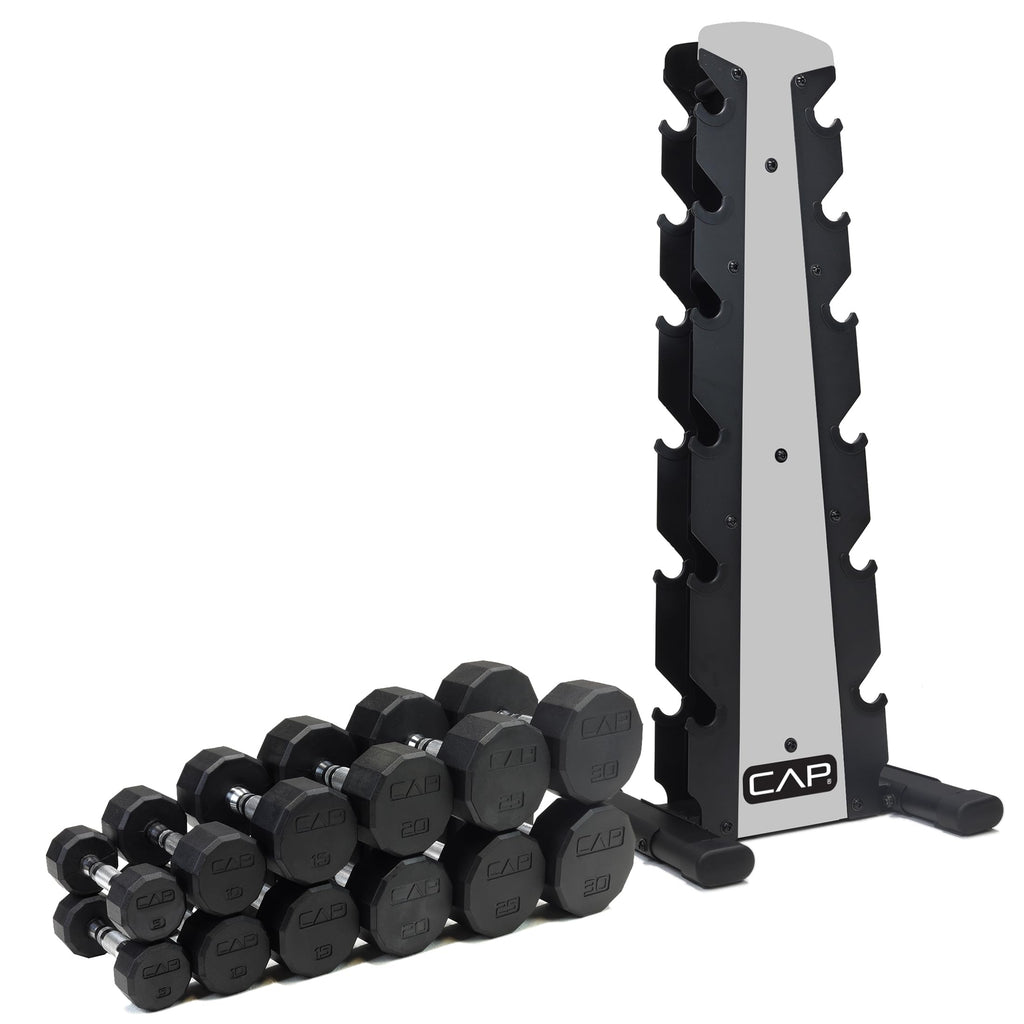 CAP Barbell Rubber Coated Dumbbell Weight Set with Vertical Rack | 100 lb, 150 lb, and 210 lb Options
