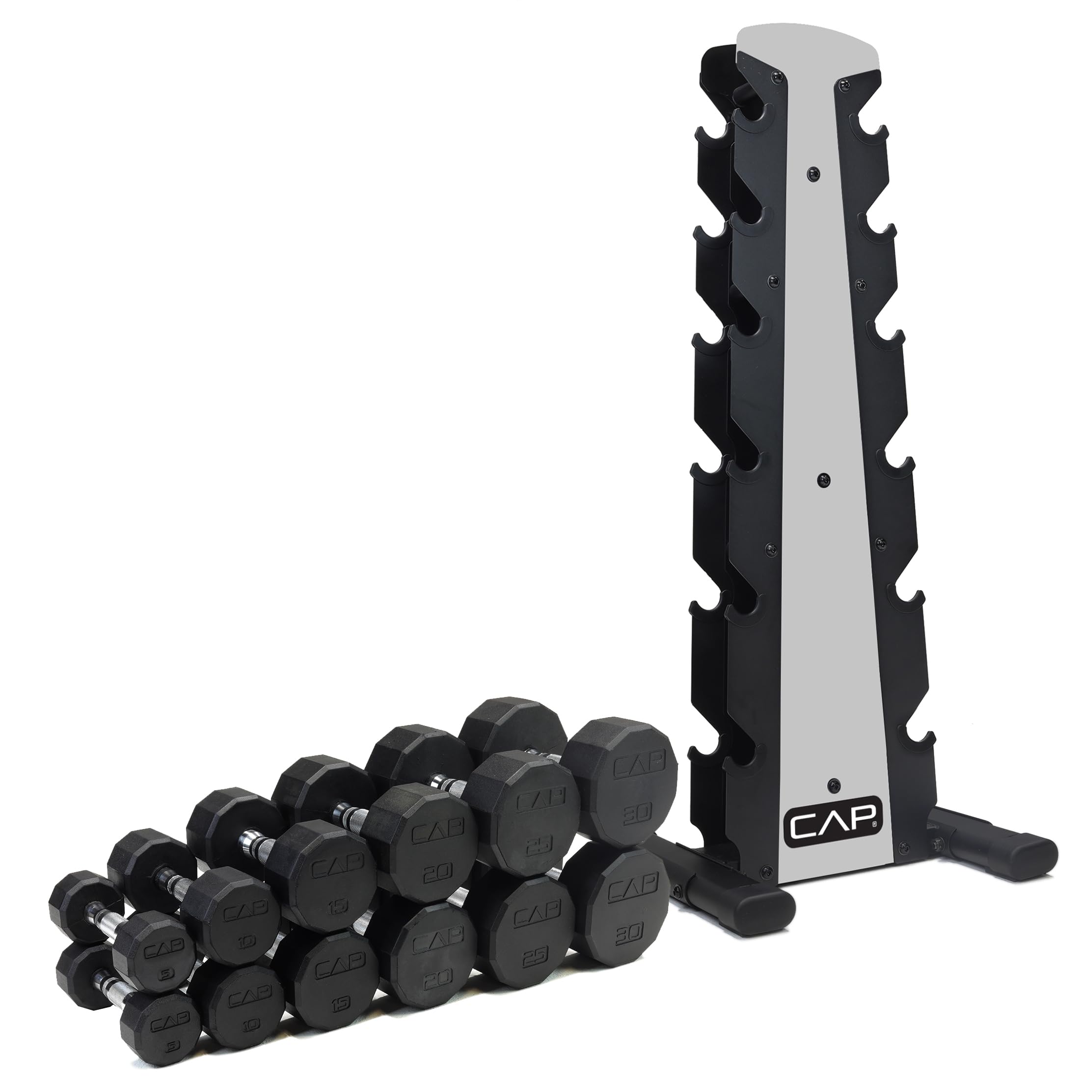 CAP Barbell Rubber Coated Dumbbell Weight Set with Vertical Rack | 100 lb, 150 lb, and 210 lb Options