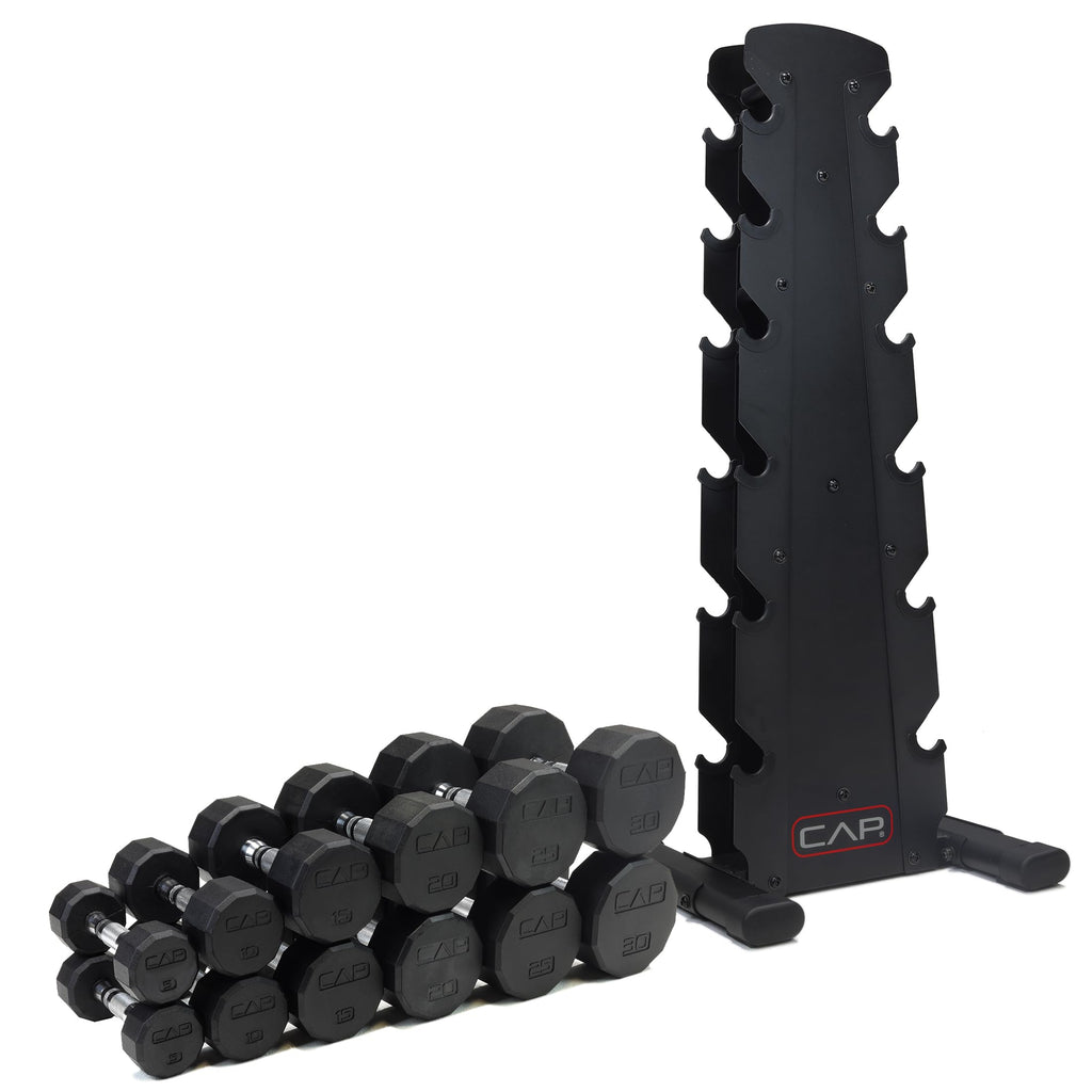 CAP Barbell Rubber Coated Dumbbell Weight Set with Vertical Rack | 100 lb, 150 lb, and 210 lb Options