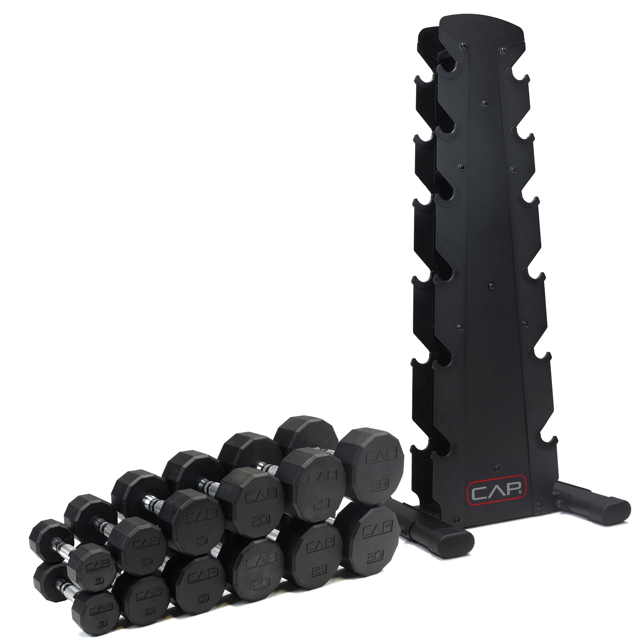 CAP Barbell Rubber Coated Dumbbell Weight Set with Vertical Rack | 100 lb, 150 lb, and 210 lb Options