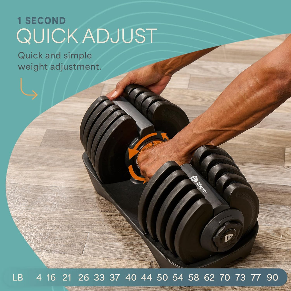Lifepro Adjustable Dumbbells Set – 15lb, 25lb Pair or 43lb, 55lb & 90lb Single – Quick Adjustment, Anti Slip Handle – Space Saving & Strength Training Weights for Home Gym Exercise & Fitness