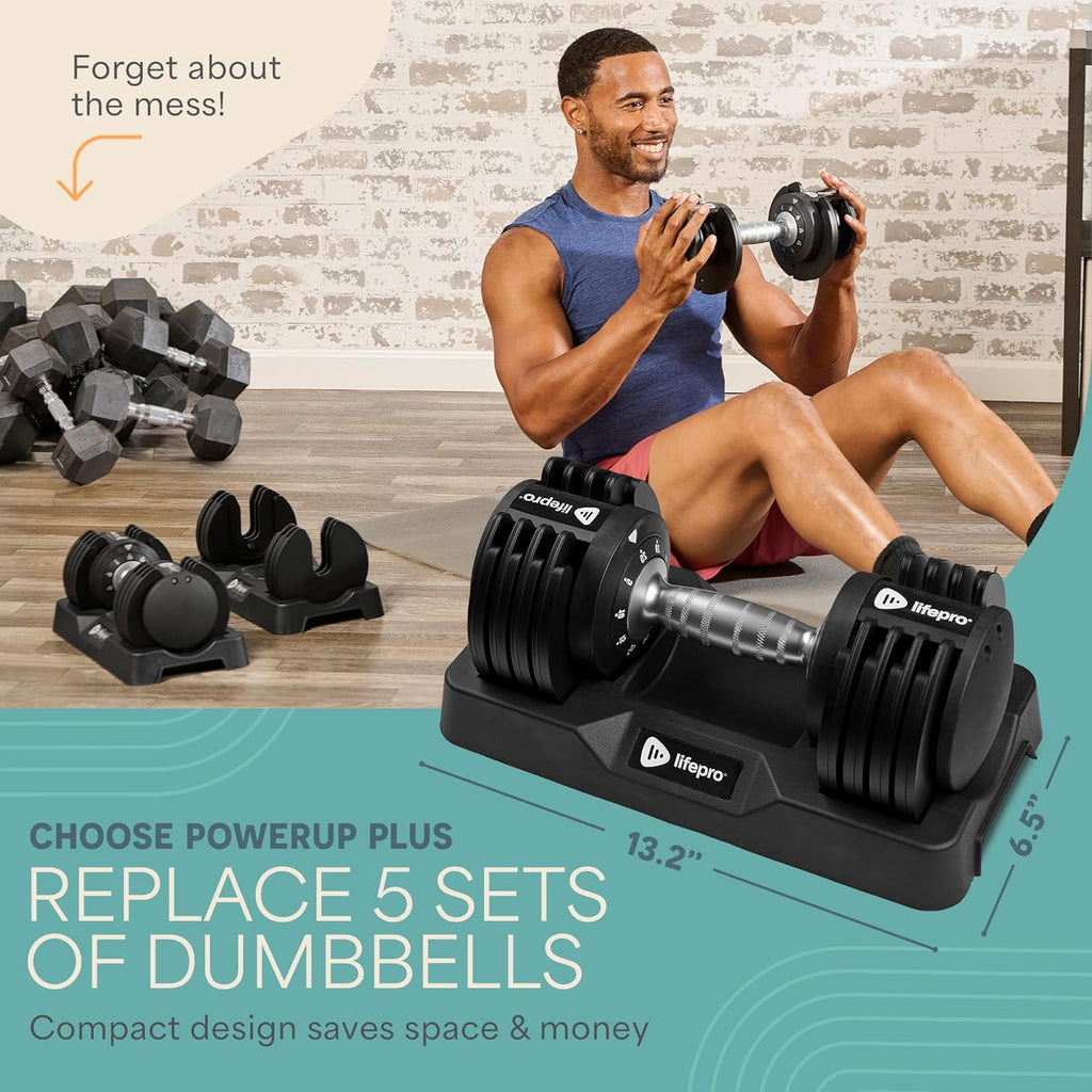 Lifepro Adjustable Dumbbells Set – 15lb, 25lb Pair or 43lb, 55lb & 90lb Single – Quick Adjustment, Anti Slip Handle – Space Saving & Strength Training Weights for Home Gym Exercise & Fitness