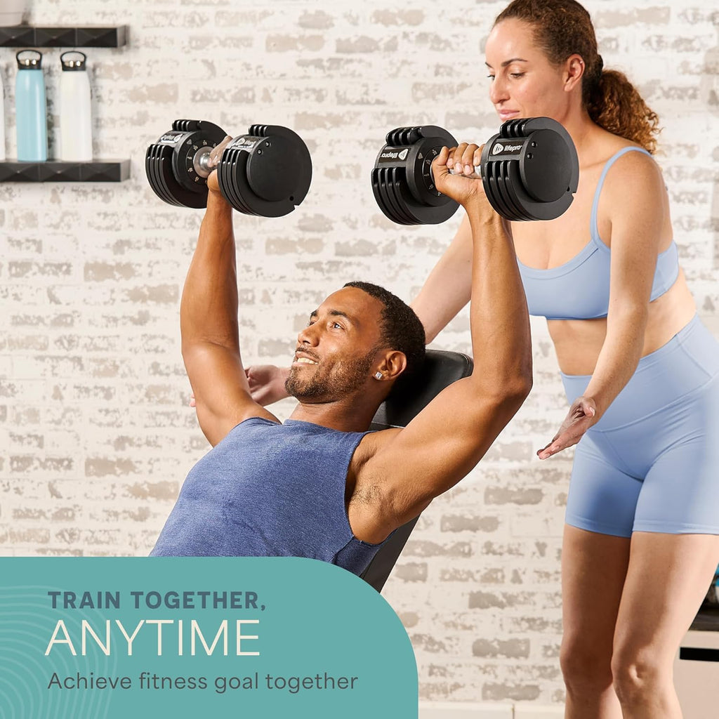 Lifepro Adjustable Dumbbells Set – 15lb, 25lb Pair or 43lb, 55lb & 90lb Single – Quick Adjustment, Anti Slip Handle – Space Saving & Strength Training Weights for Home Gym Exercise & Fitness