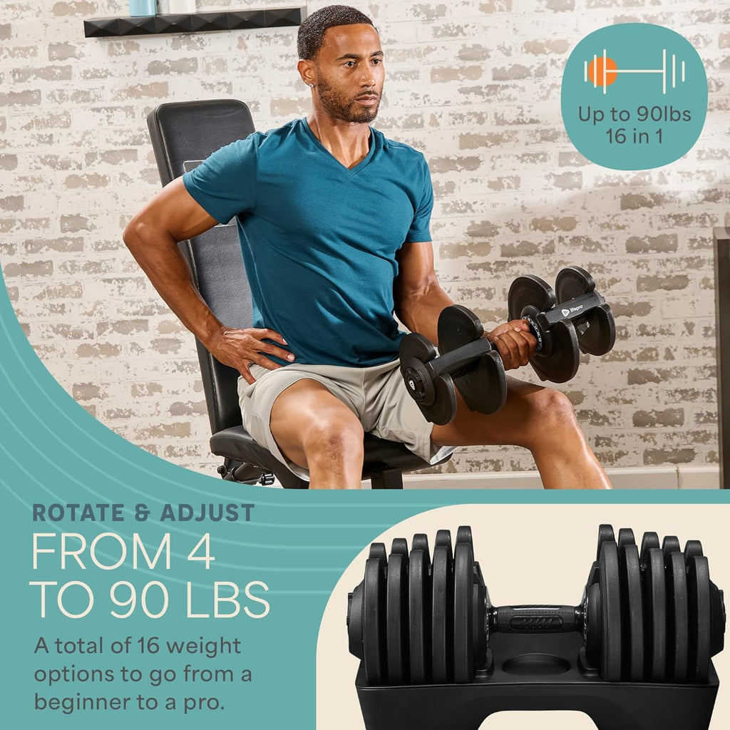 Lifepro Adjustable Dumbbells Set – 15lb, 25lb Pair or 43lb, 55lb & 90lb Single – Quick Adjustment, Anti Slip Handle – Space Saving & Strength Training Weights for Home Gym Exercise & Fitness