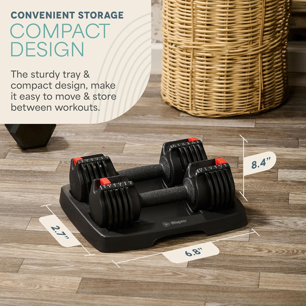 Lifepro Adjustable Dumbbells Set – 15lb, 25lb Pair or 43lb, 55lb & 90lb Single – Quick Adjustment, Anti Slip Handle – Space Saving & Strength Training Weights for Home Gym Exercise & Fitness
