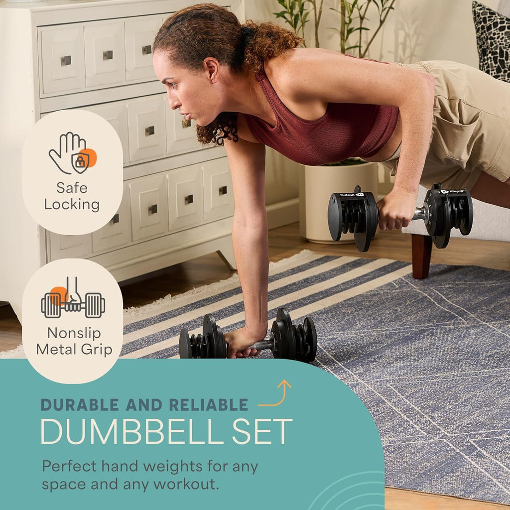Lifepro Adjustable Dumbbells Set – 15lb, 25lb Pair or 43lb, 55lb & 90lb Single – Quick Adjustment, Anti Slip Handle – Space Saving & Strength Training Weights for Home Gym Exercise & Fitness