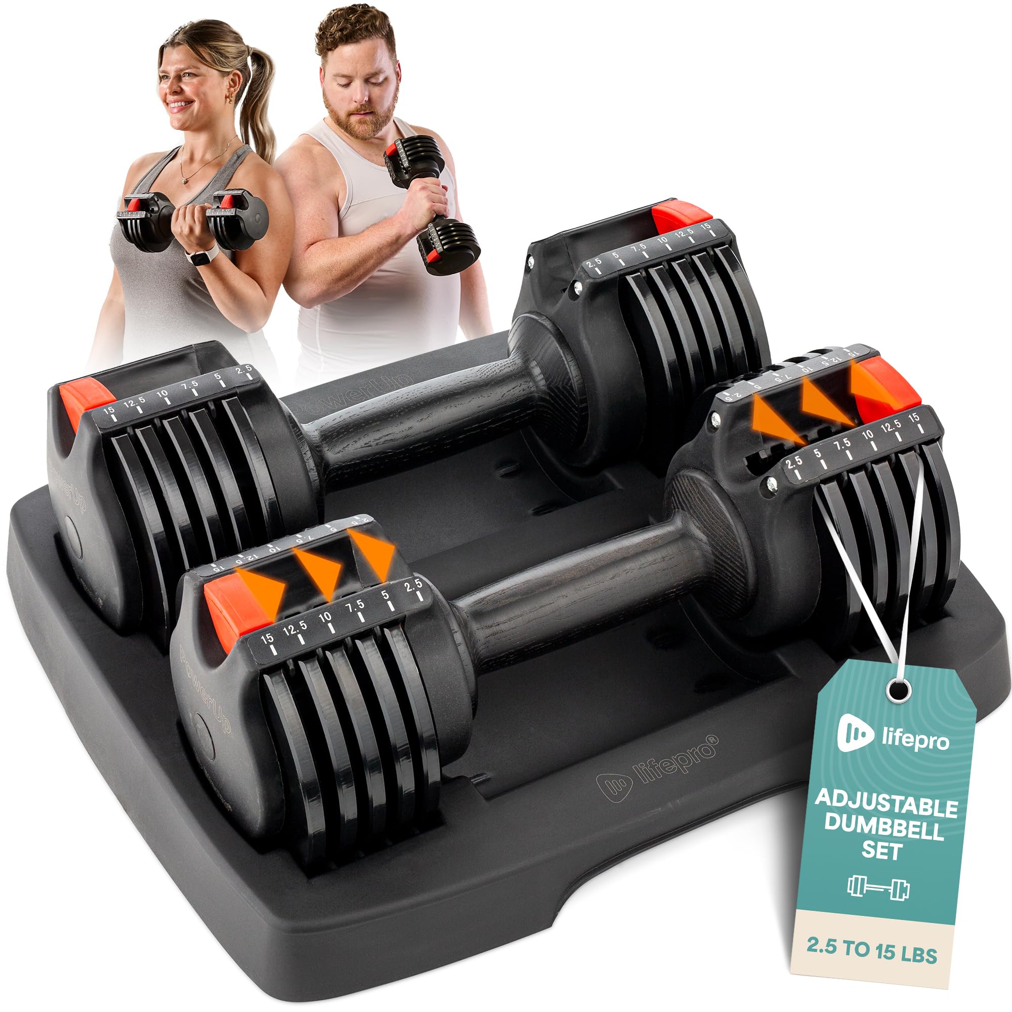Lifepro Adjustable Dumbbells Set – 15lb, 25lb Pair or 43lb, 55lb & 90lb Single – Quick Adjustment, Anti Slip Handle – Space Saving & Strength Training Weights for Home Gym Exercise & Fitness