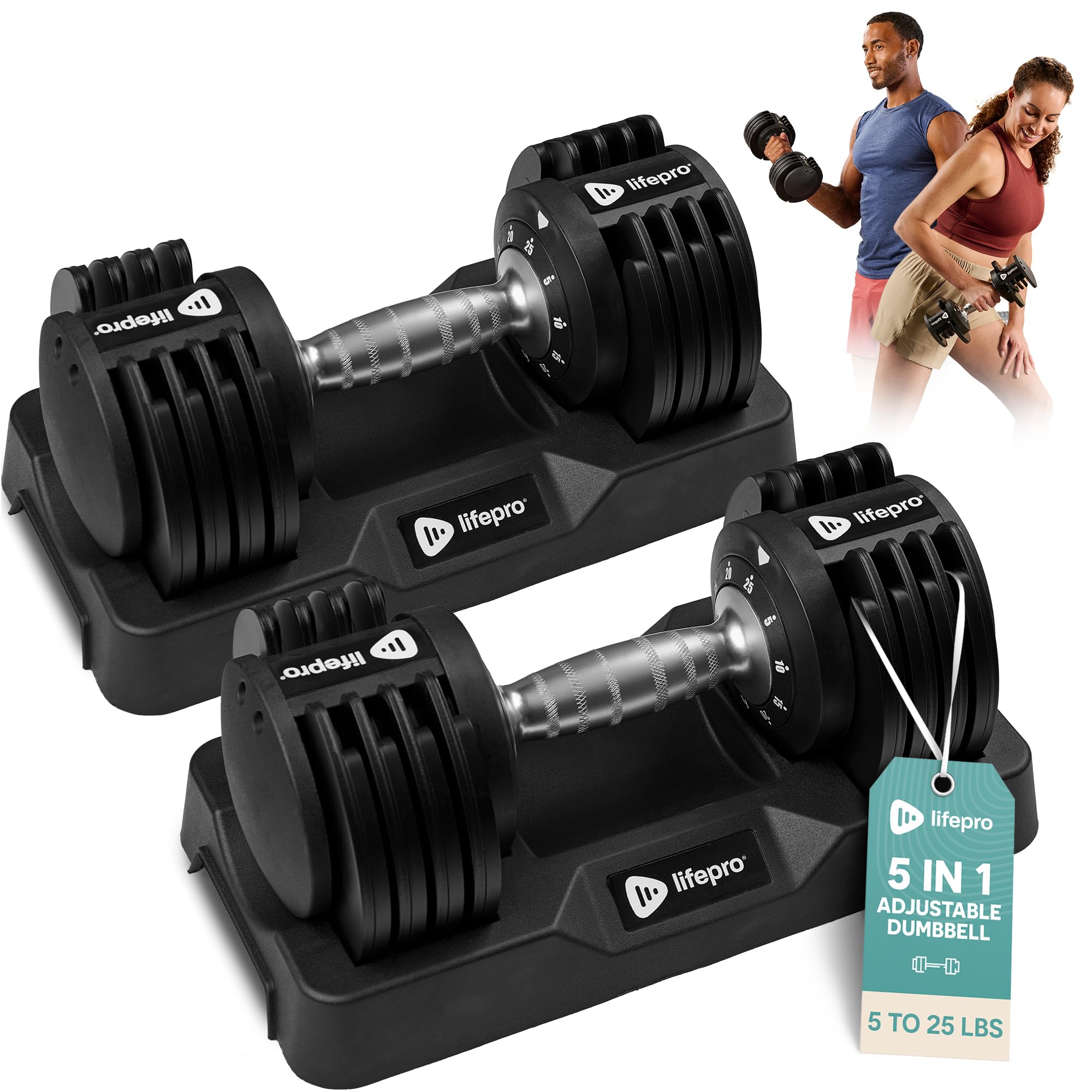 Lifepro Adjustable Dumbbells Set – 15lb, 25lb Pair or 43lb, 55lb & 90lb Single – Quick Adjustment, Anti Slip Handle – Space Saving & Strength Training Weights for Home Gym Exercise & Fitness