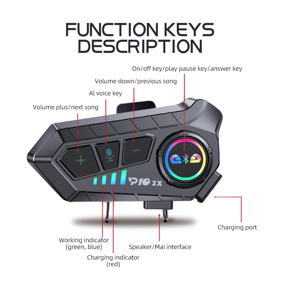 KEBIDUMEI 1/2x Motorcycle Intercom Headset Helmet BT 5.3 For 2 Riders intercommunicator 300M Waterproof Music Sharing Interphone