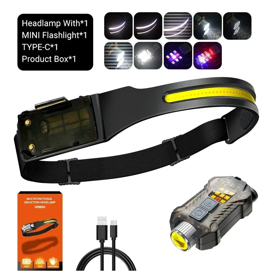 1500LM High Power LED Headlamp COB Head Flashlight With 7500Mah Built-in Battery USB Rechargeable Fishing Camping Lantern Torch