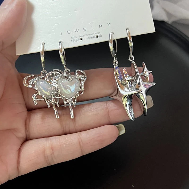 Simple Silver Color Star Earrings for Women Opal Stone Heart Hoop Earrings Punk Y2K Cute Daily Wear Jewelry Party Gifts